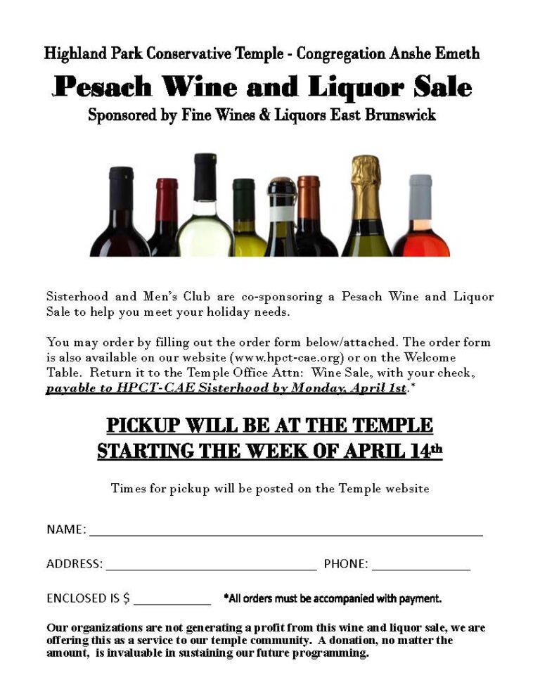 Men's Club and Sisterhood Pesach Wine & Liquor Sale Order Form